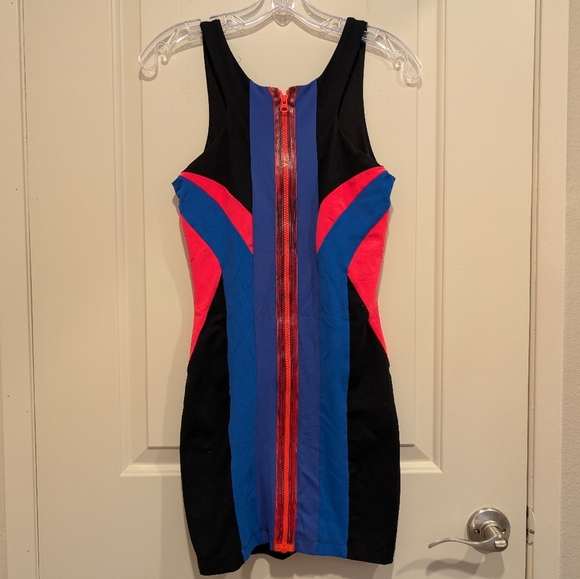 Bebe Colorblock Sleeveless Mini Dress - Black, Blue, Pink - Picture 5 of 9